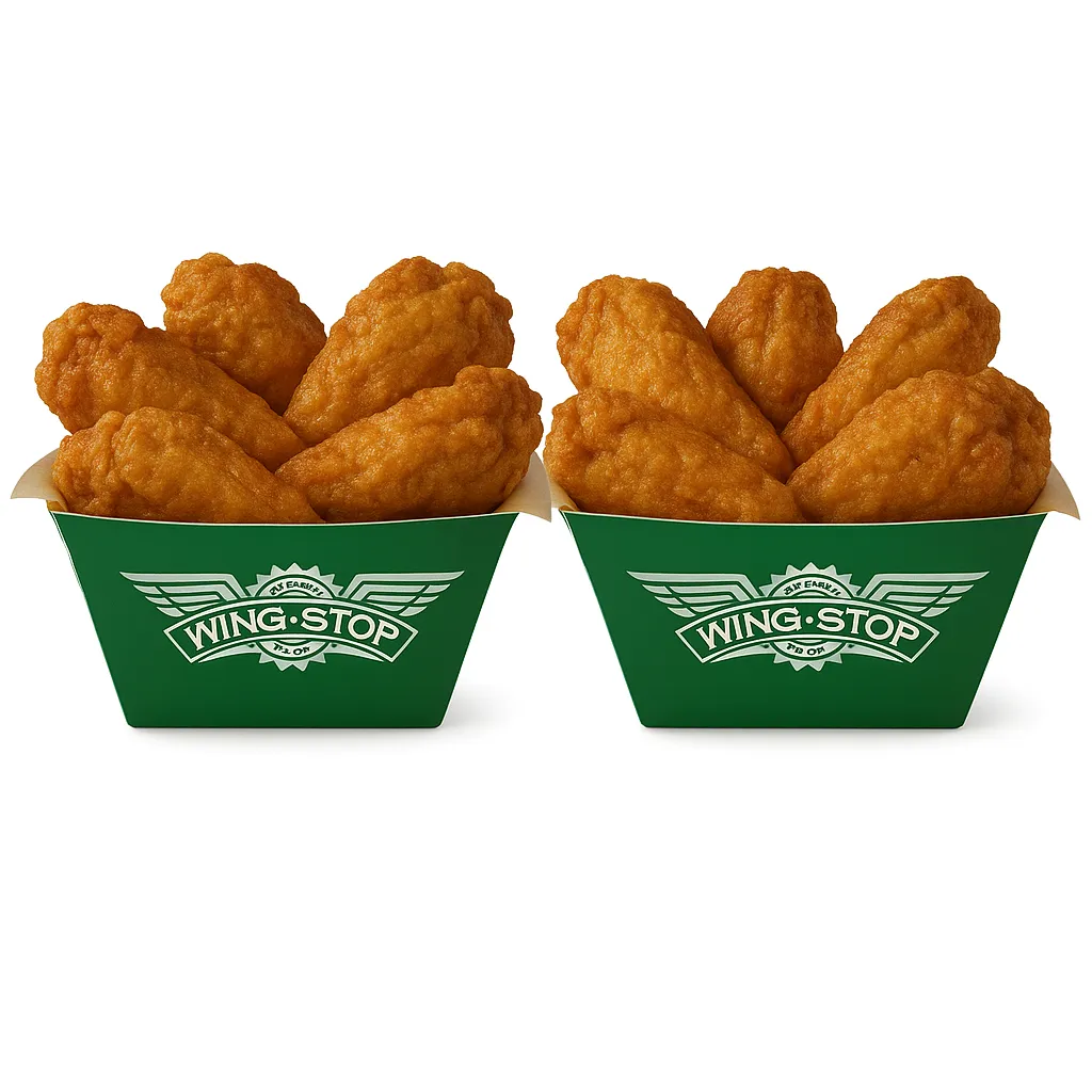 Ten chicken wings with fries and sauces.