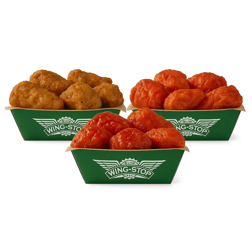 Twenty chicken wings with fries and sauces.