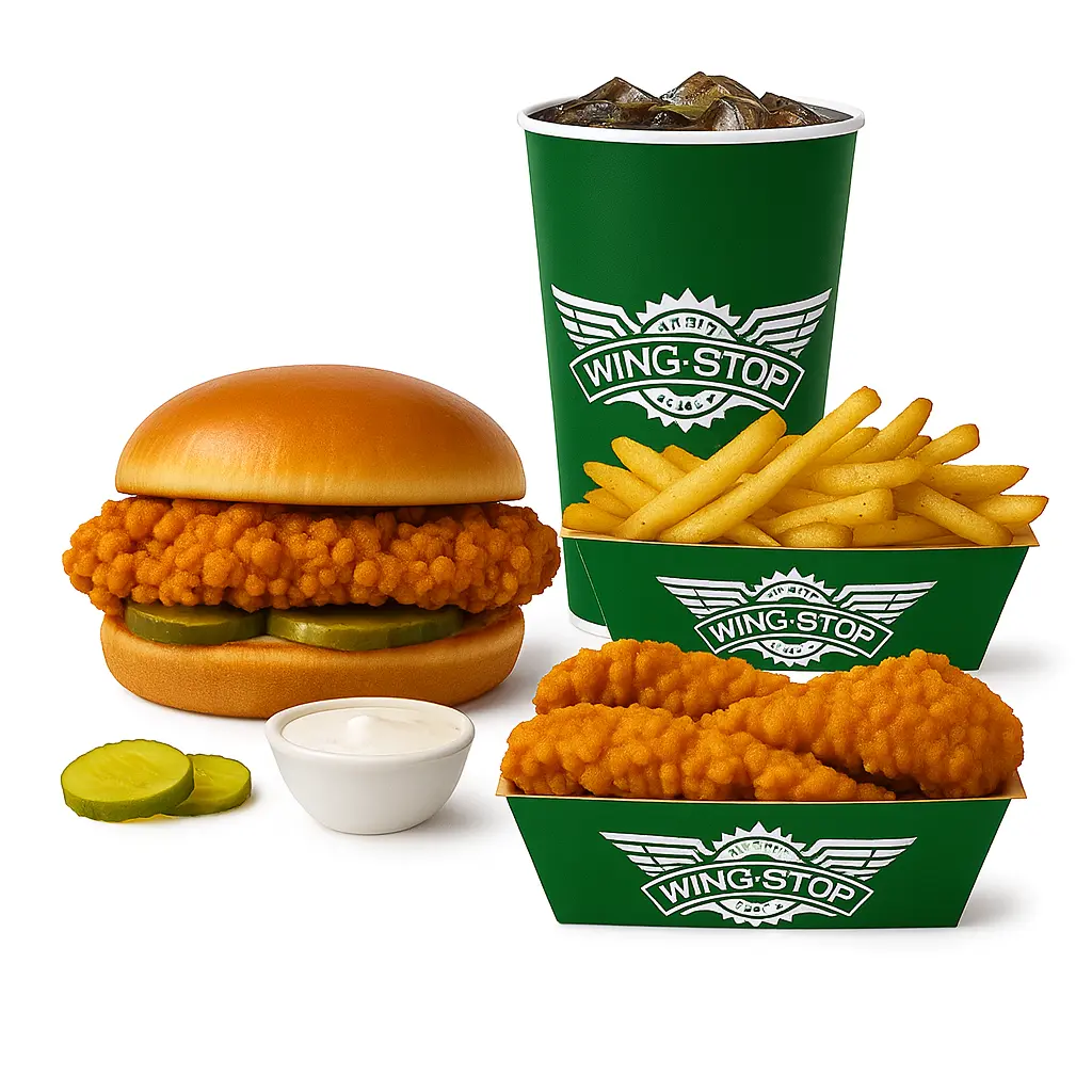 Chicken sandwich with fries and drink.