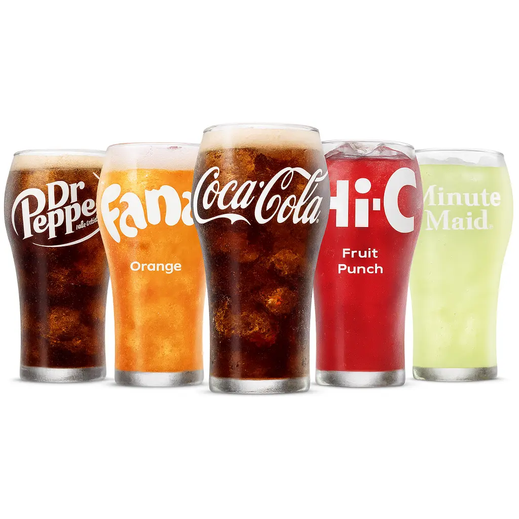 Cups of assorted soft drinks.