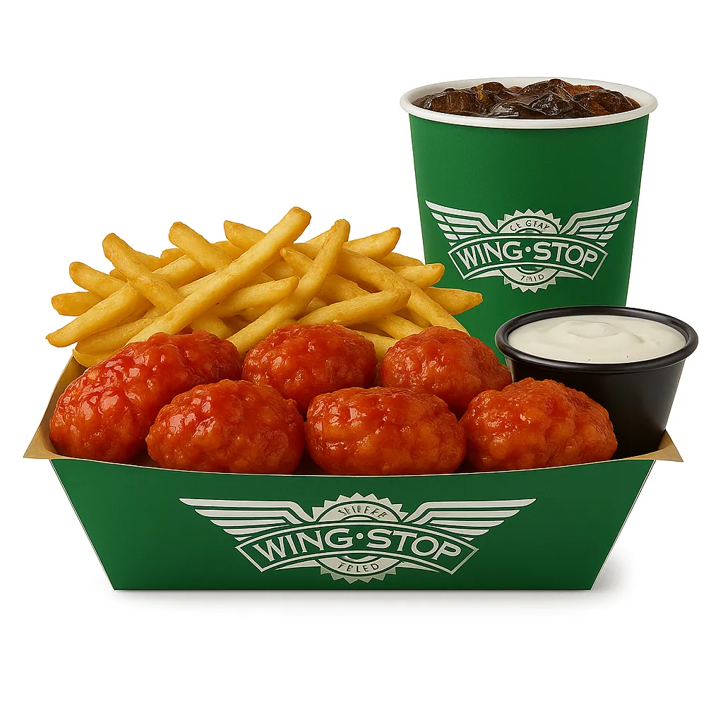Wingstop 10pc Wing Combo - Flavors, Dips, Sides & Drink 1 Boneless chicken wings coated in sauce, served with fries, dipping cup, and a drink