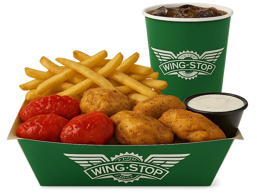 Classic bone-in chicken wings with fries, dipping cup, and a drink.