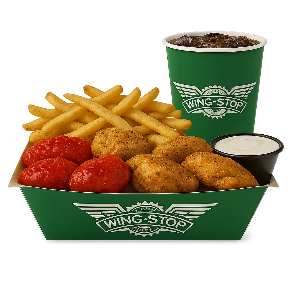 Classic bone-in chicken wings with fries, dipping cup, and a drink.