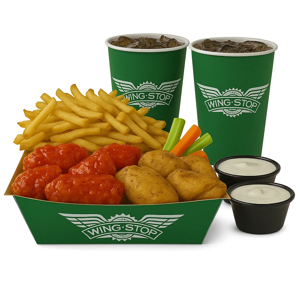 Mix of classic bone-in and boneless wings with fries, dipping cups, and drinks for two.