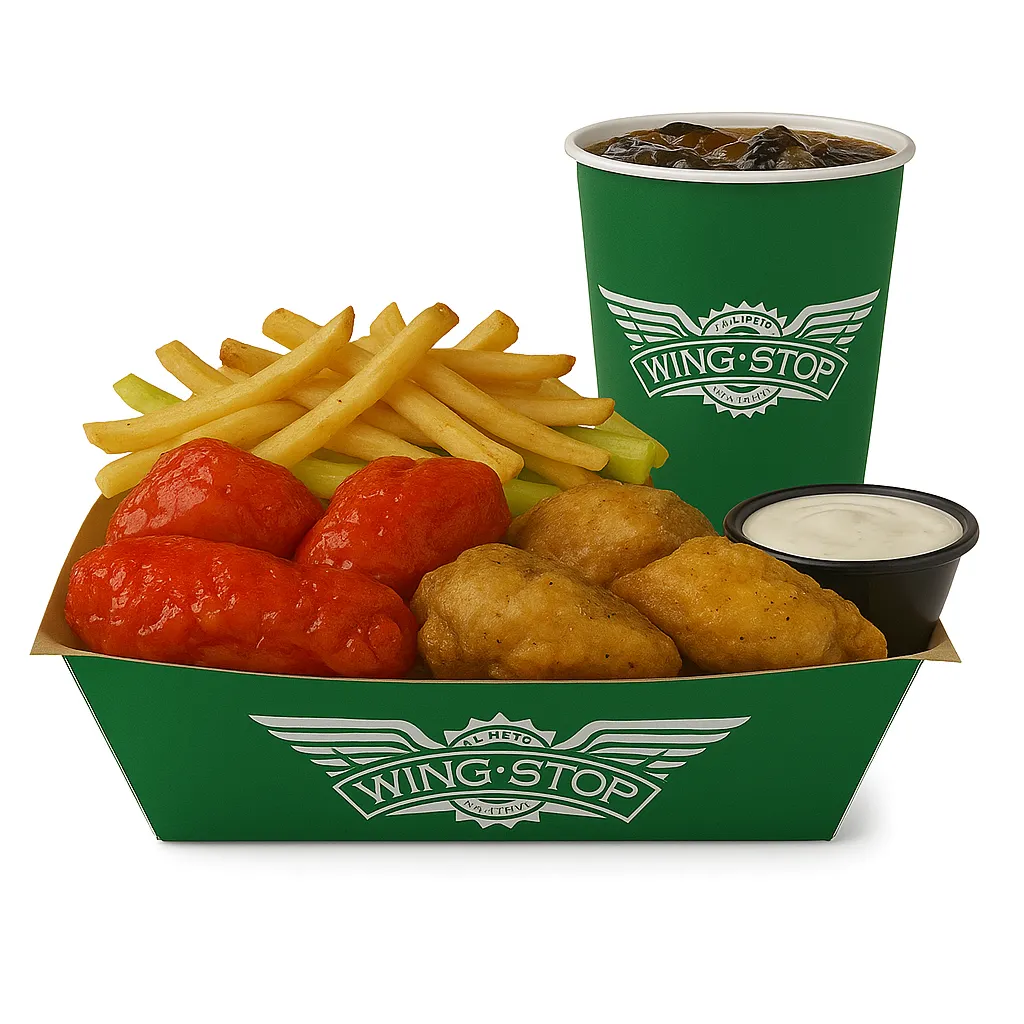 Plate with bone-in and boneless wings in two sauces, served with fries, dipping cup, and a drink.