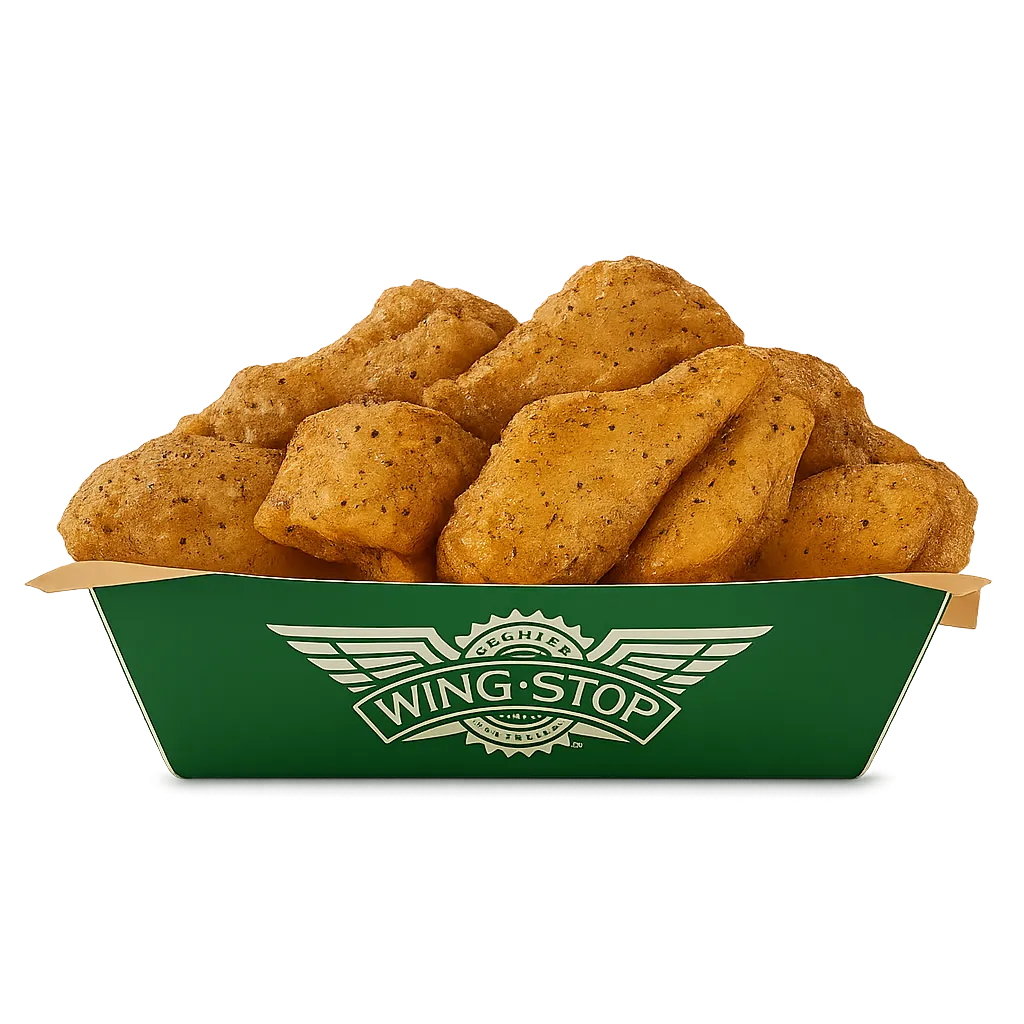 Plate of golden-brown chicken wings coated in sauce, served hot and fresh.
