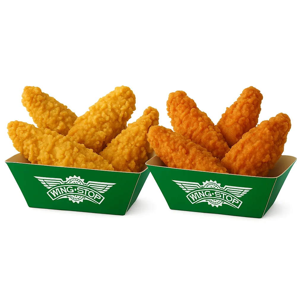 Chicken tenders two flavors with fries and sauces.