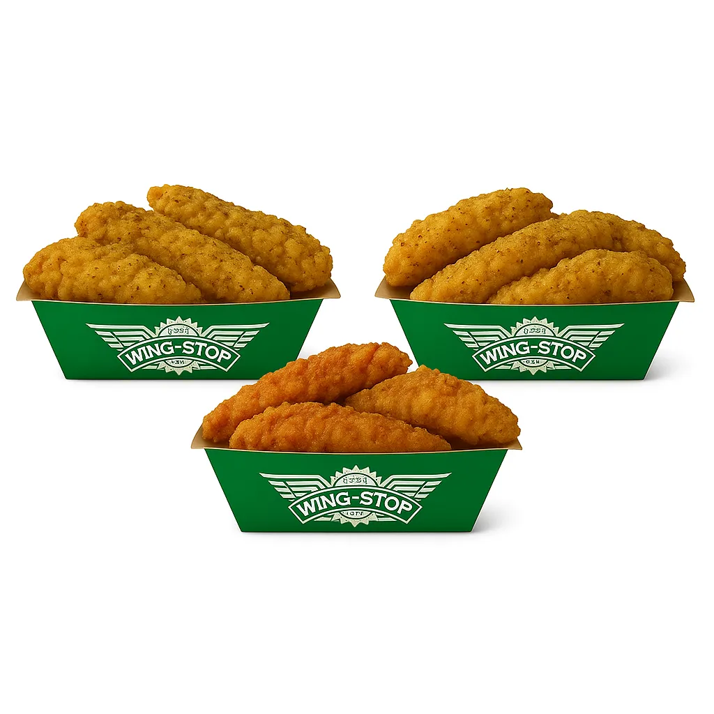 Chicken tenders three flavors with fries and sauces.