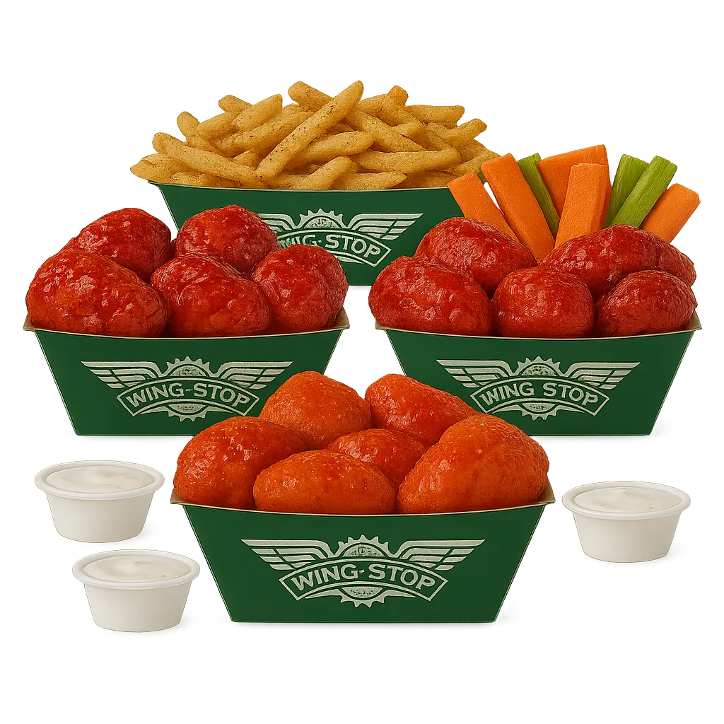 Big serving of classic bone-in chicken wings with multiple dipping sauces and fries, ideal for family sharing.