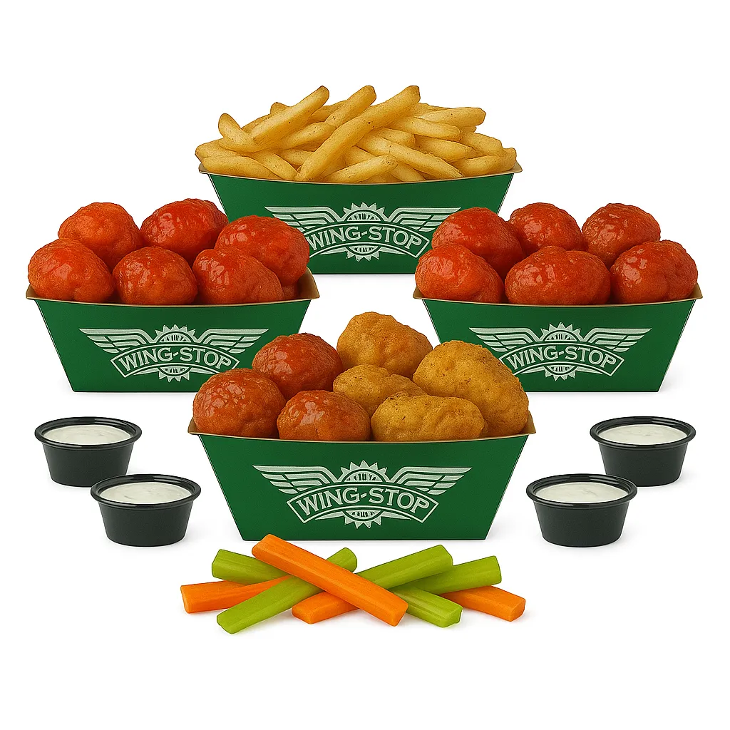 Crispy wings with fries and dipping sauces.