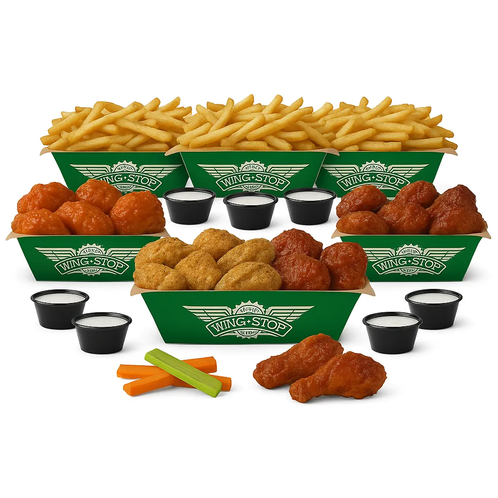 Chicken wings with fries and sauces.